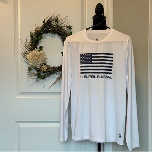 U.S. Polo Assn. Men's White Long Sleeve Tee with Navy Flag